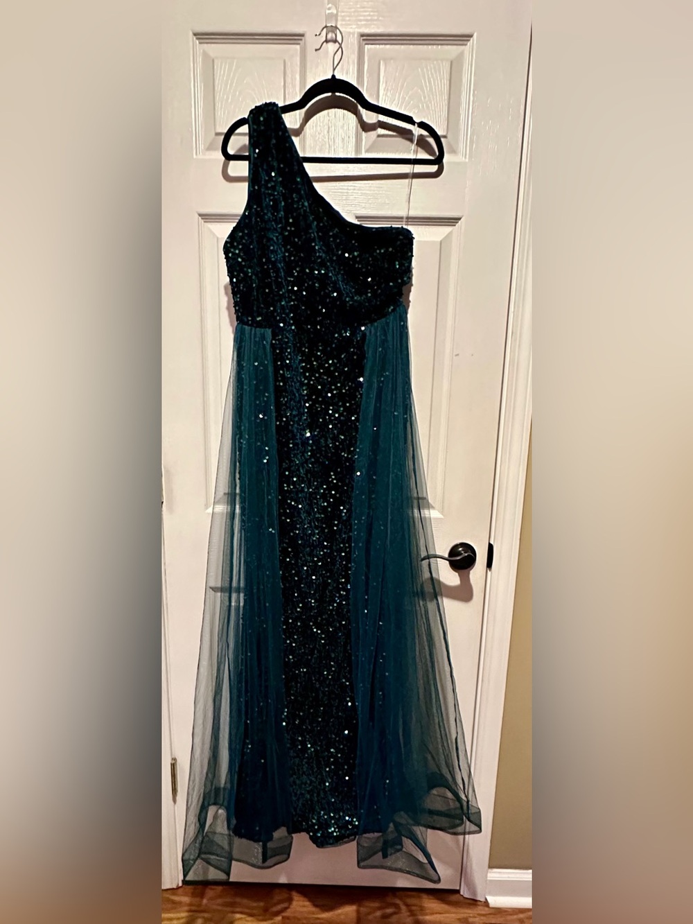 Faeriesty Emerald Green Sequin One-Shoulder Prom Dress Gown Mesh Overlay XL